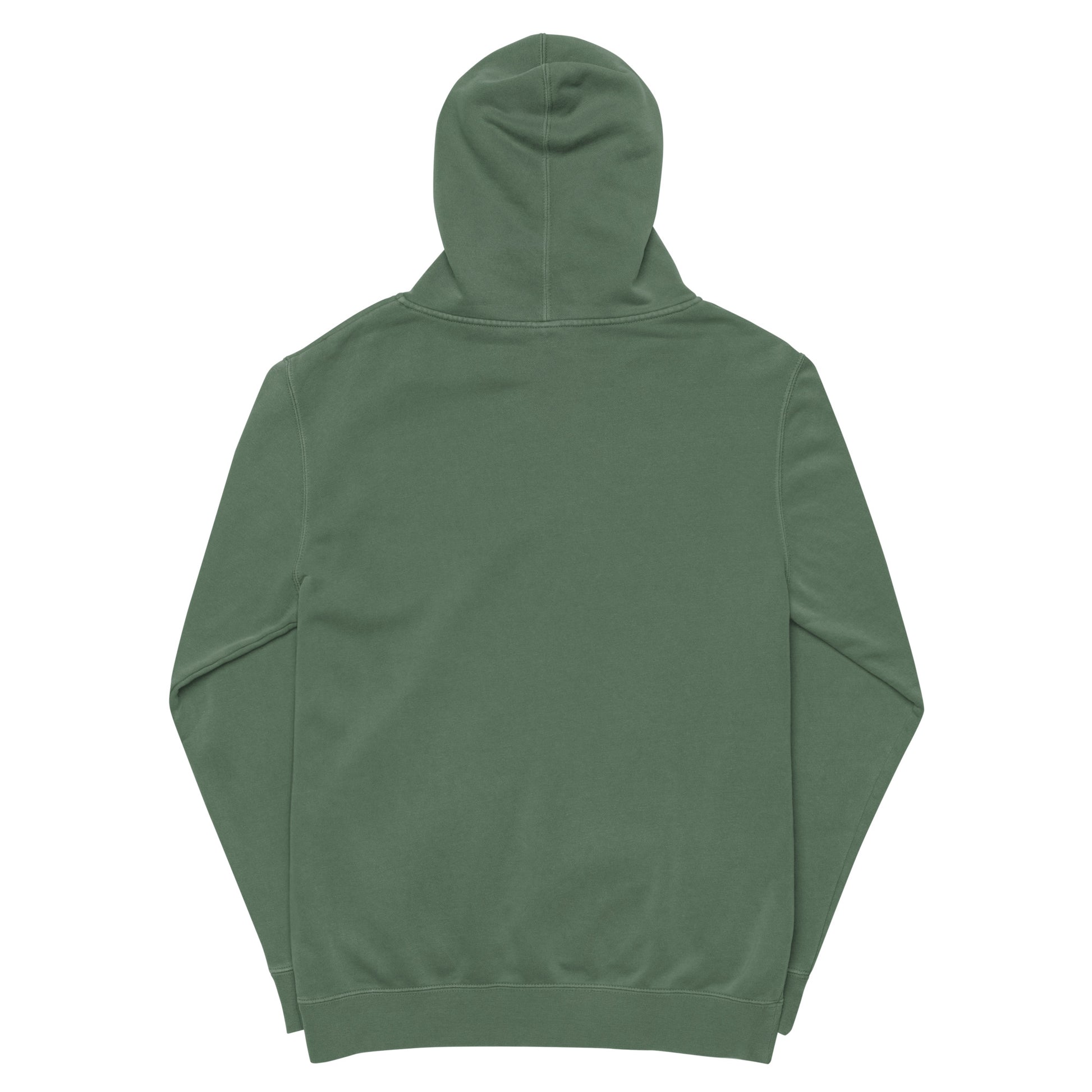 Vintage pigment hoodie, back view with hood and drawstrings. Green.