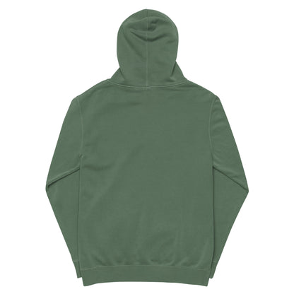 Vintage pigment hoodie, back view with hood and drawstrings. Green.