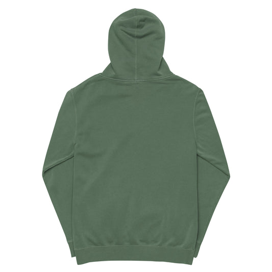 Vintage pigment hoodie, back view with hood and drawstrings. Green.