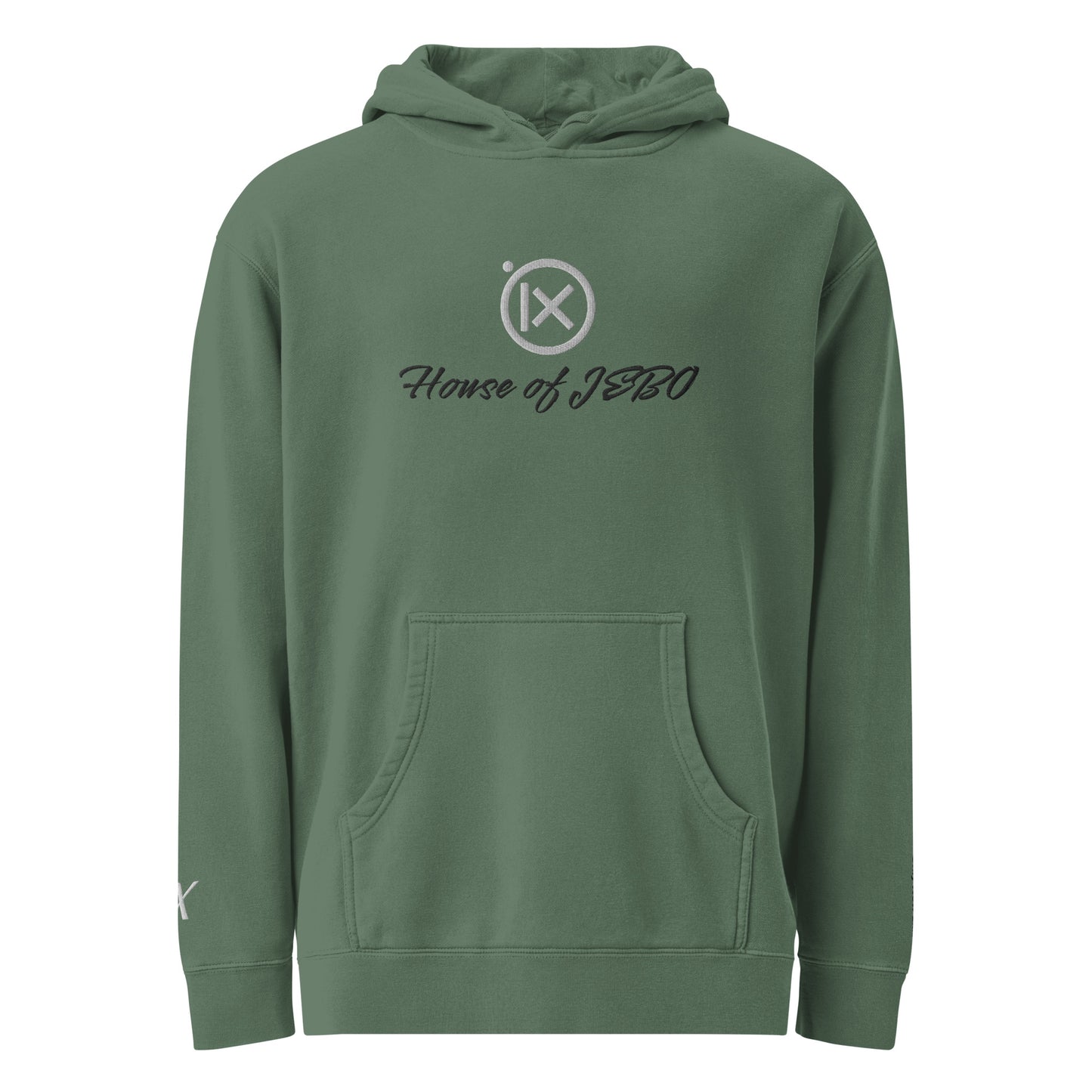 JEBO 1X vintage pigment hoodie, green, back view, hood and drawstring, House of JEBO logo