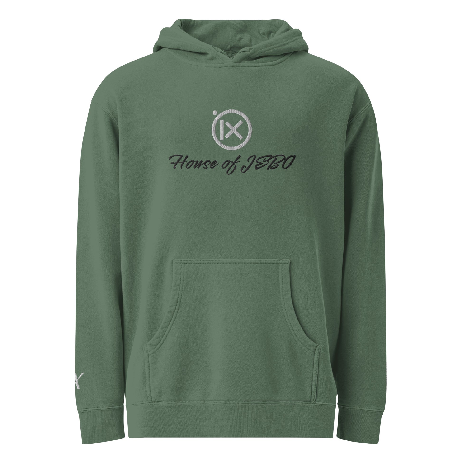 JEBO 1X vintage pigment hoodie, green, back view, hood and drawstring, House of JEBO logo