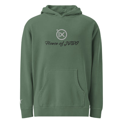 JEBO 1X vintage pigment hoodie, green, back view, hood and drawstring, House of JEBO logo