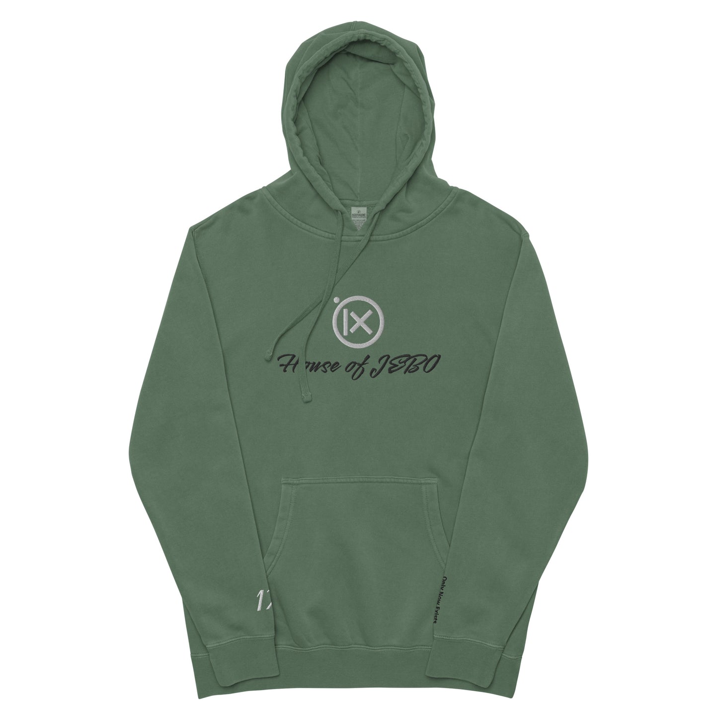 Vintage pigment hoodie with front graphic, hood with drawstrings, kangaroo pocket. Green.