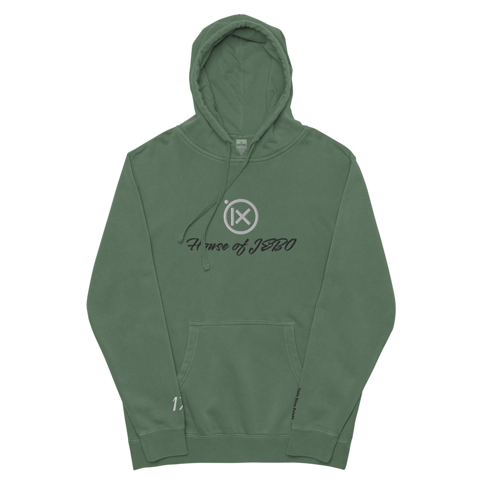 Vintage pigment hoodie with front graphic, hood with drawstrings, kangaroo pocket. Green.
