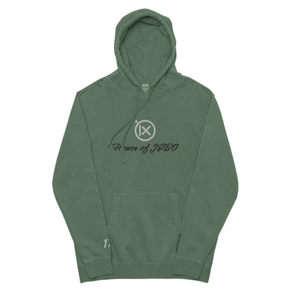 Vintage pigment hoodie with front graphic, hood with drawstrings, kangaroo pocket. Green.