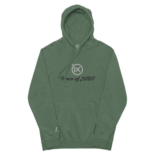 Vintage pigment hoodie with front graphic, hood with drawstrings, kangaroo pocket. Green.