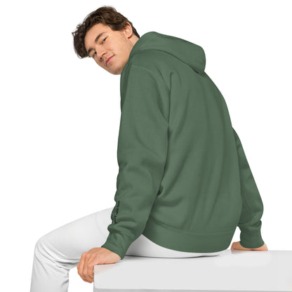 Green vintage pigment pullover hoodie, view from back with hood and kangaroo pocket
