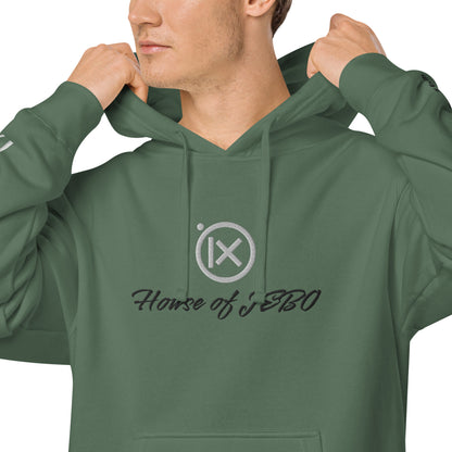 Green vintage pigment pullover hoodie with hood, drawstrings, and front logo graphic