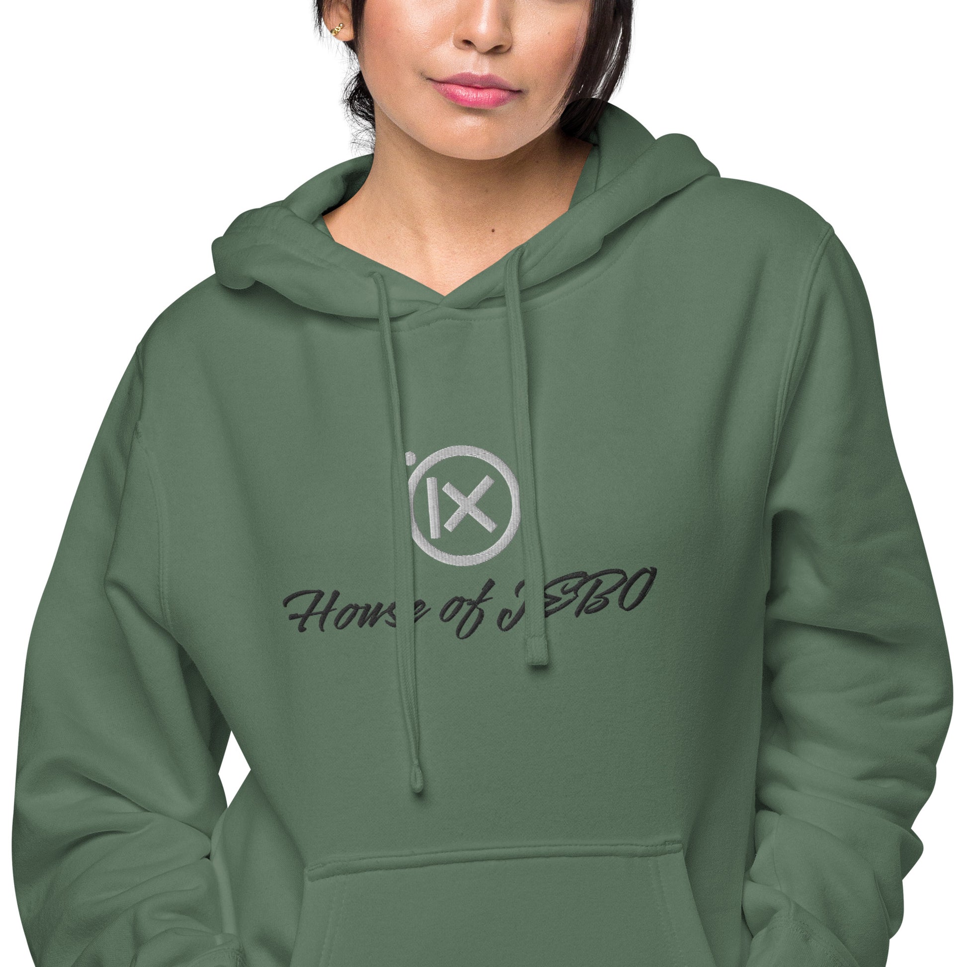 JEBO 1X vintage pigment hoodie, green, close-up chest logo, hood drawstrings, front pouch