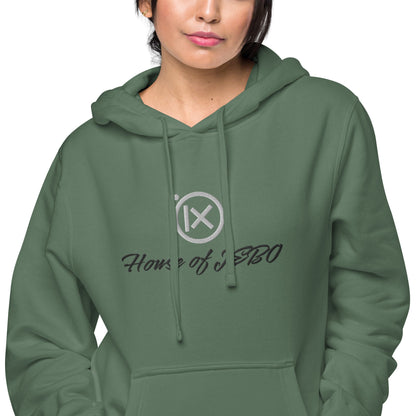 JEBO 1X vintage pigment hoodie, green, close-up chest logo, hood drawstrings, front pouch