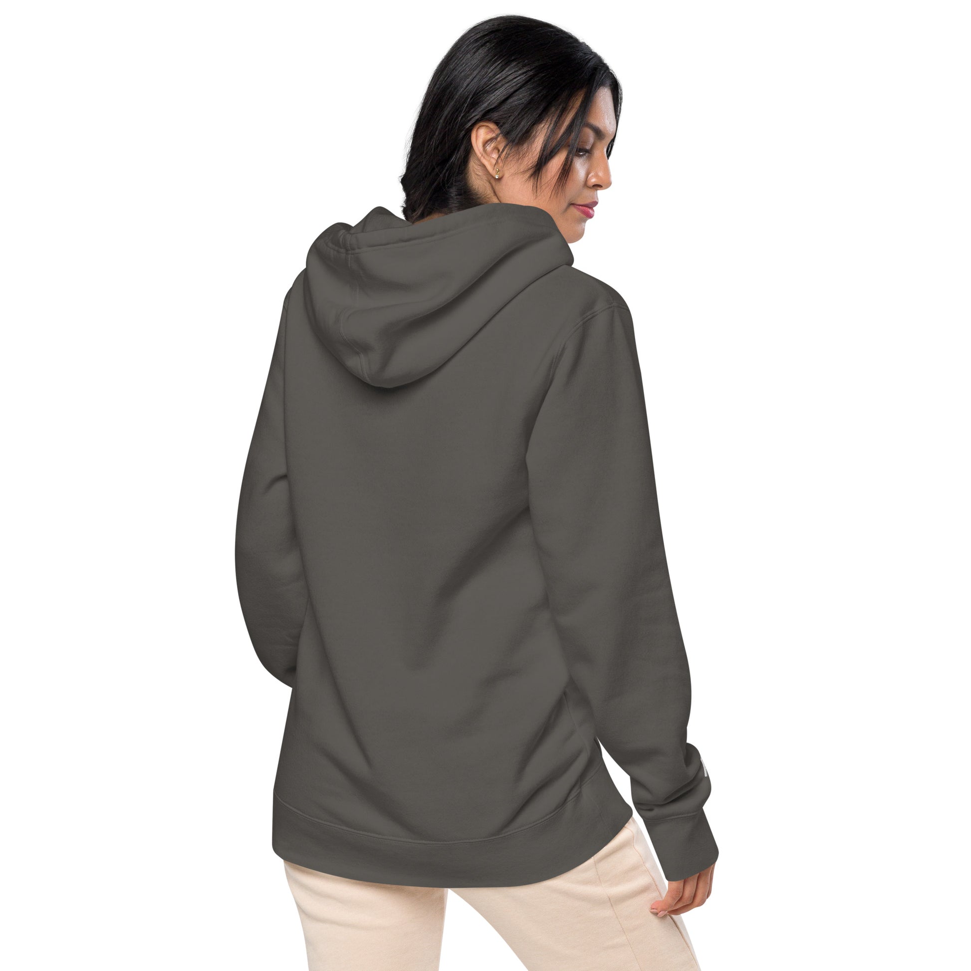 Charcoal vintage pigment pullover hoodie, back view with hood and kangaroo pocket