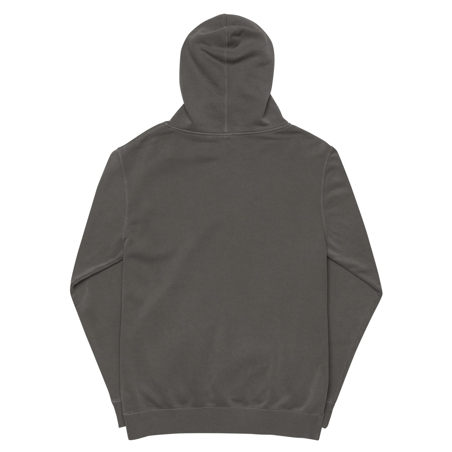 Vintage pigment hoodie, back view with hood and drawstrings. Dark gray.