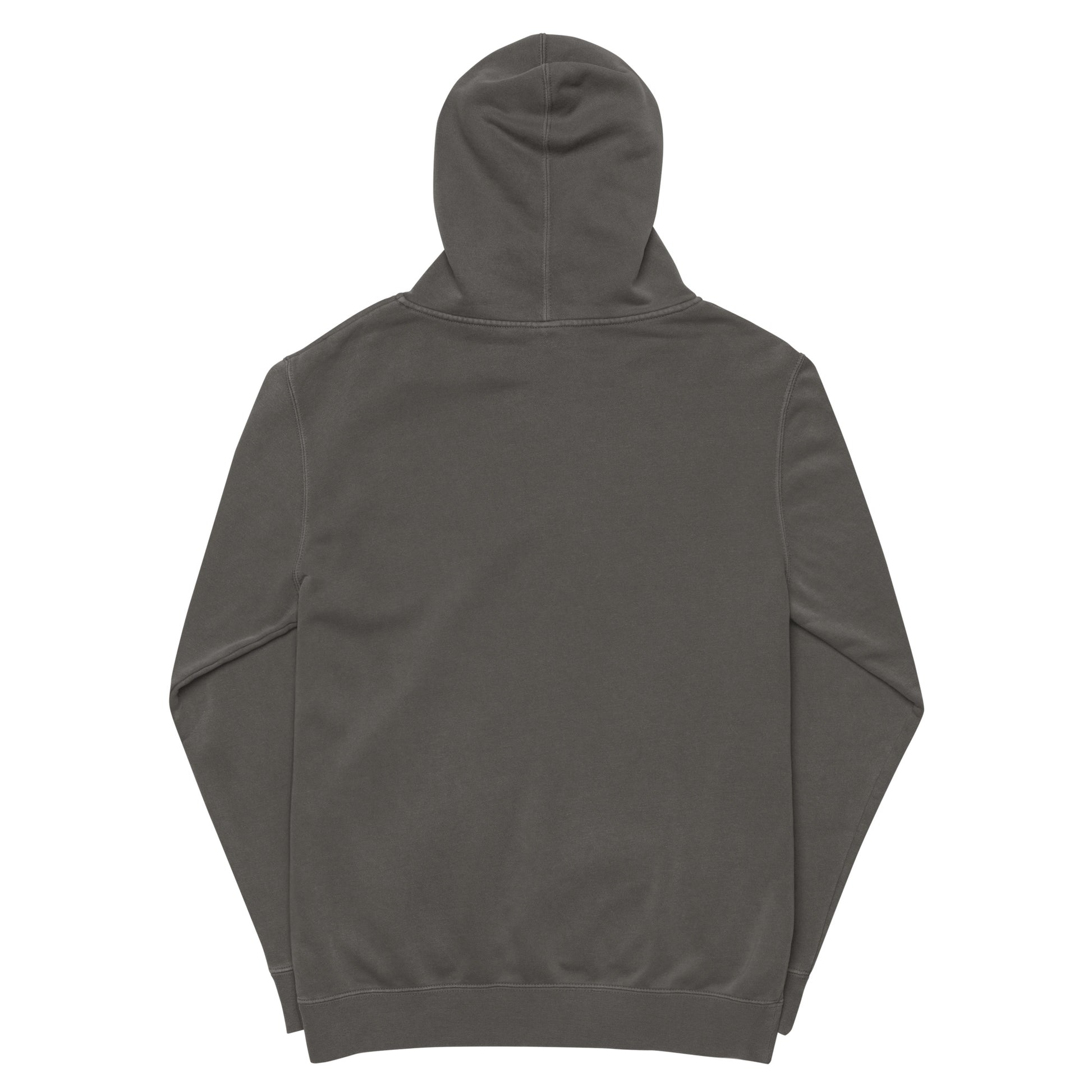 Vintage pigment hoodie, back view with hood and drawstrings. Dark gray.