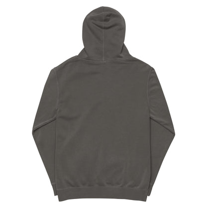 Vintage pigment hoodie, back view with hood and drawstrings. Dark gray.
