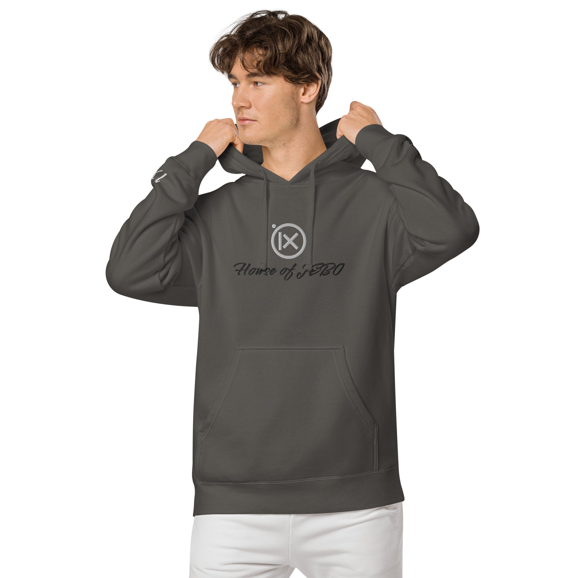 Charcoal vintage pigment pullover hoodie, front view with hood and kangaroo pocket
