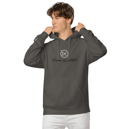 Charcoal vintage pigment pullover hoodie, front view with hood and kangaroo pocket
