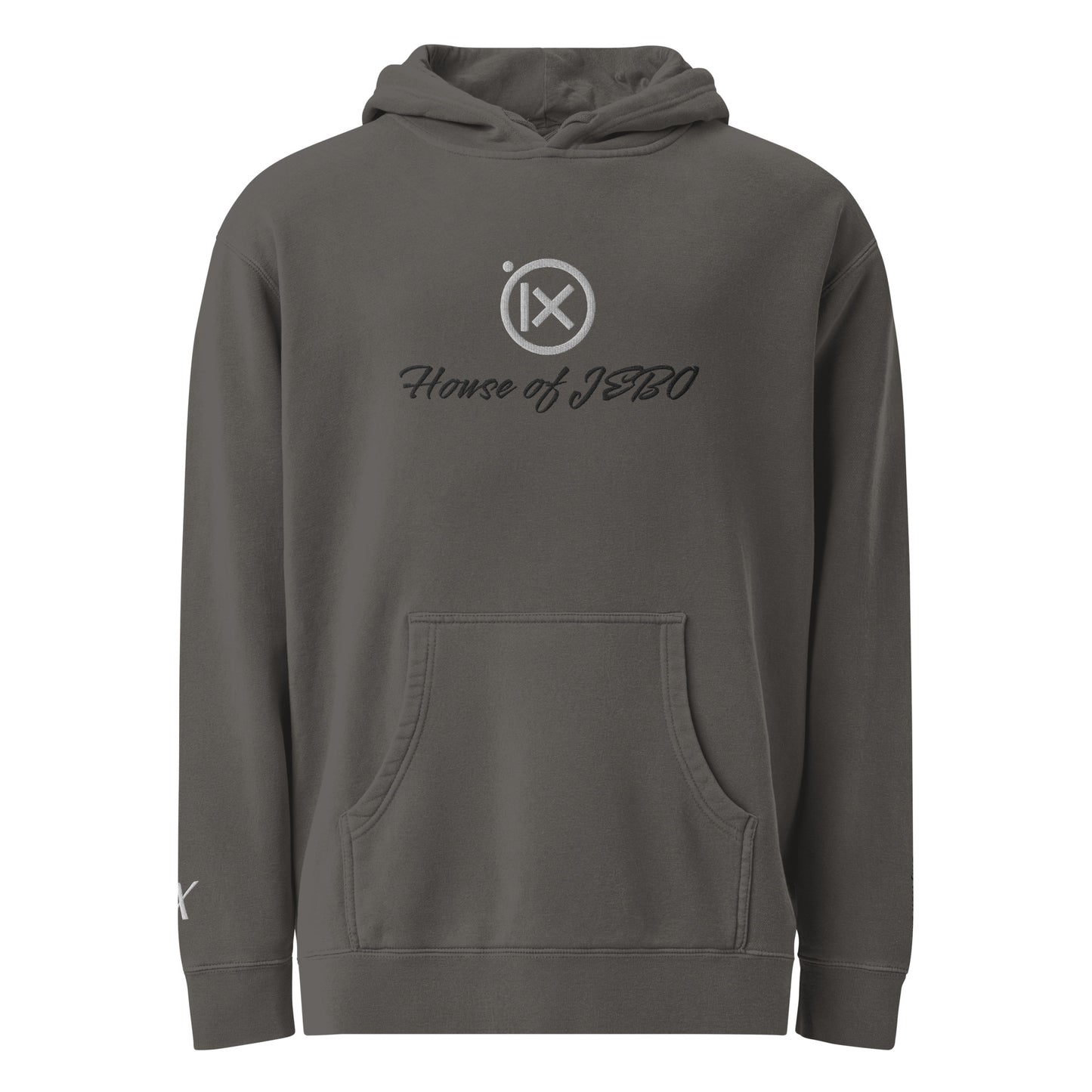 JEBO 1X vintage pigment hoodie, dark gray, back view, hood and drawstring, House of JEBO logo