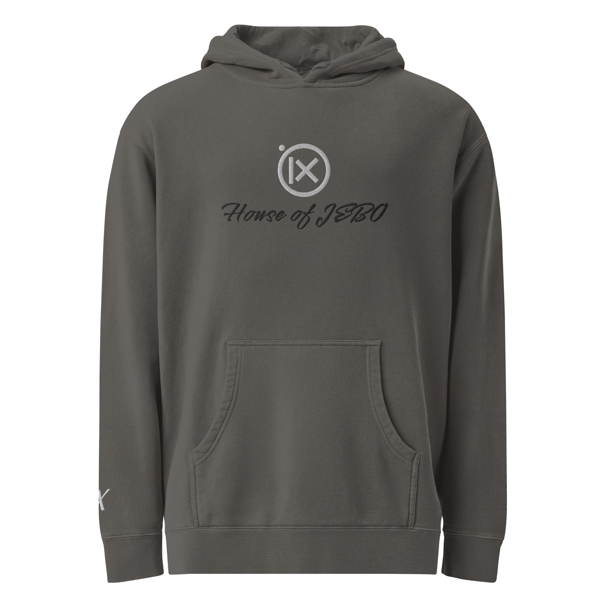 JEBO 1X vintage pigment hoodie, dark gray, back view, hood and drawstring, House of JEBO logo