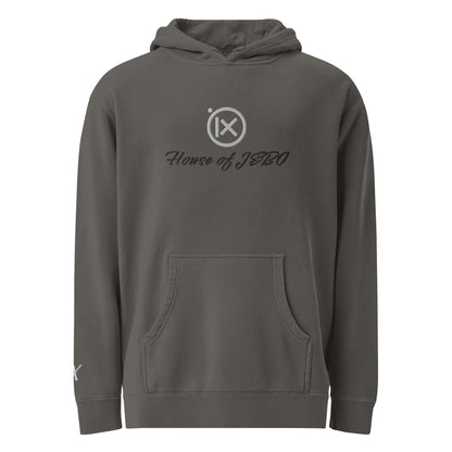 JEBO 1X vintage pigment hoodie, dark gray, back view, hood and drawstring, House of JEBO logo