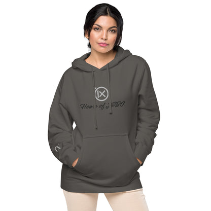 Charcoal vintage pigment pullover hoodie with hood, drawstrings, and front logo print