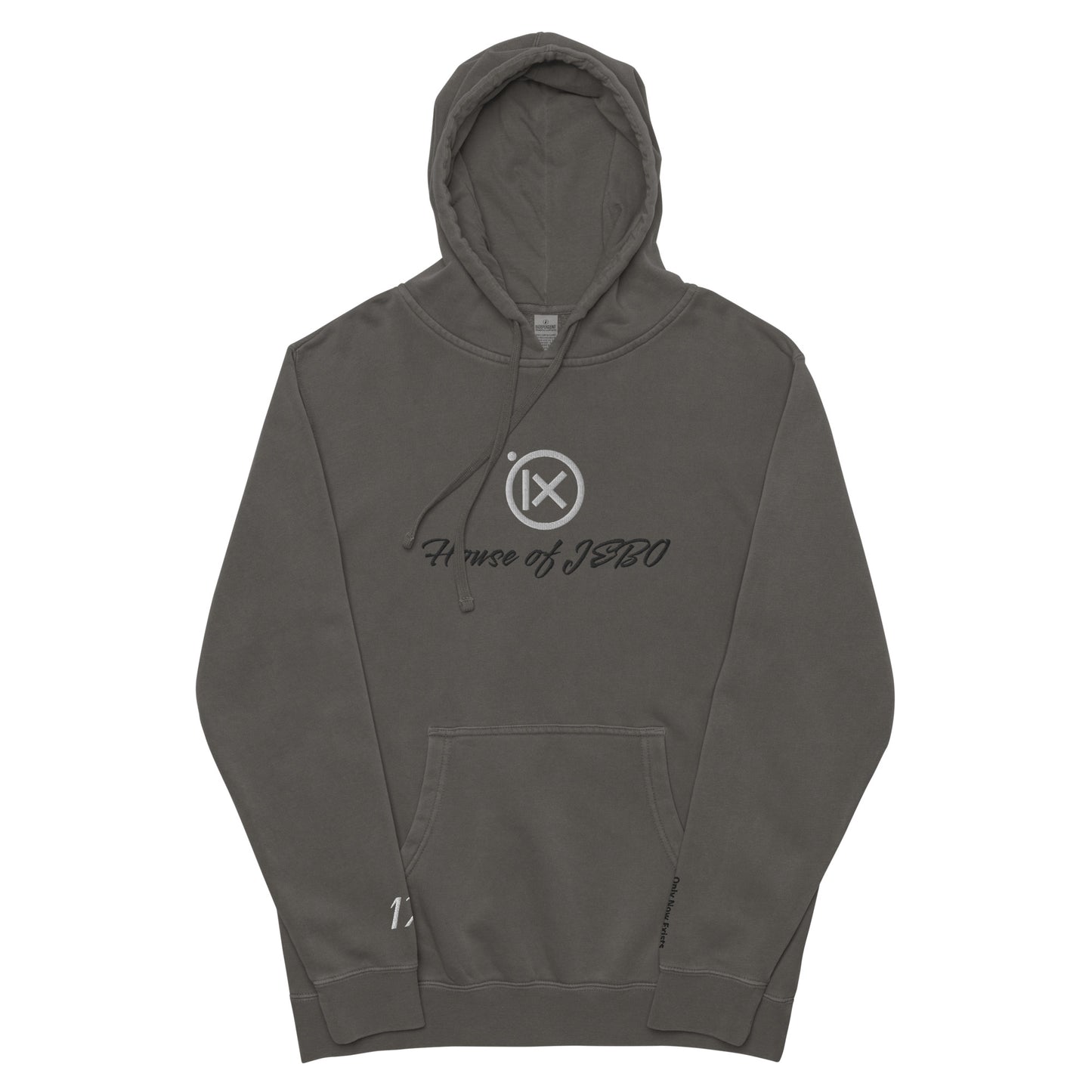 Vintage pigment hoodie with front graphic, hood with drawstrings, kangaroo pocket. Dark gray.