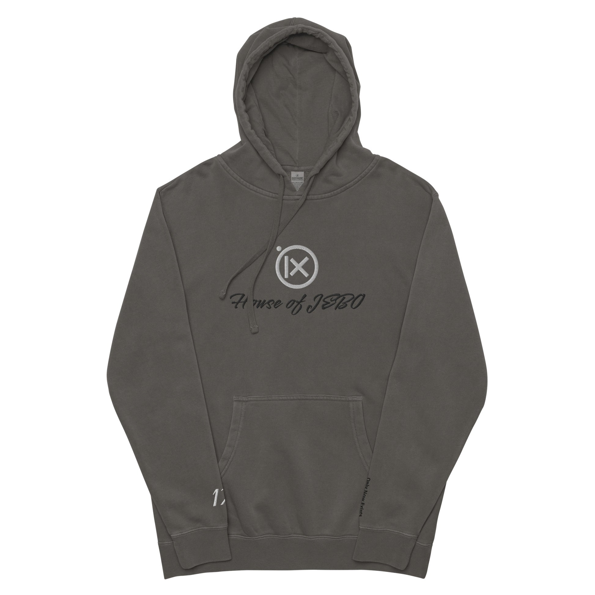 Vintage pigment hoodie with front graphic, hood with drawstrings, kangaroo pocket. Dark gray.