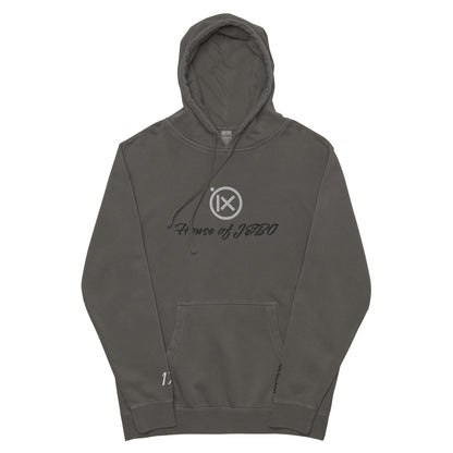 Vintage pigment hoodie with front graphic, hood with drawstrings, kangaroo pocket. Dark gray.