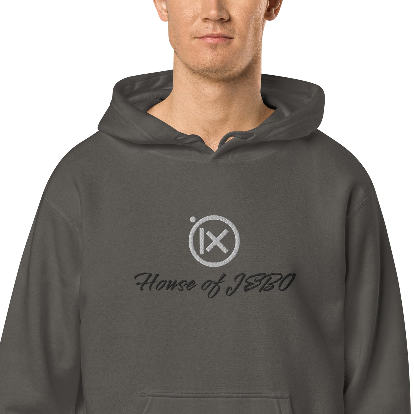 Charcoal vintage pigment pullover hoodie with hood and chest logo graphic