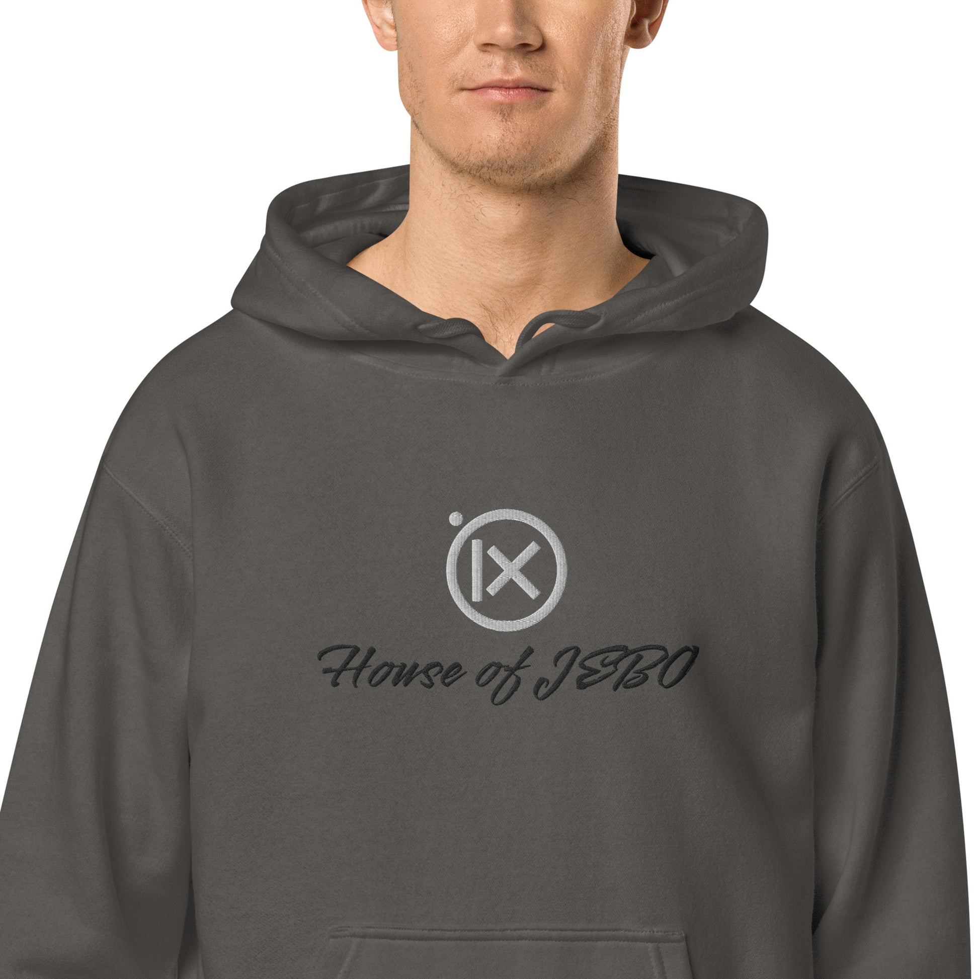 Charcoal vintage pigment pullover hoodie with hood and chest logo graphic