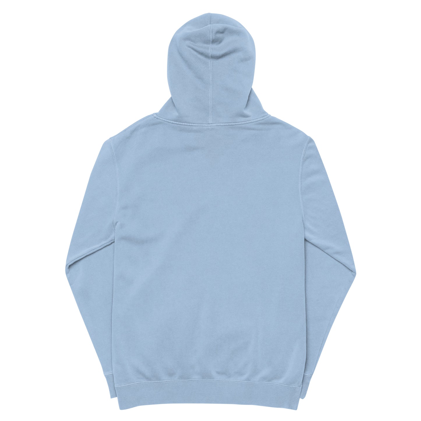 Vintage pigment hoodie, back view with hood and drawstrings. Light blue.