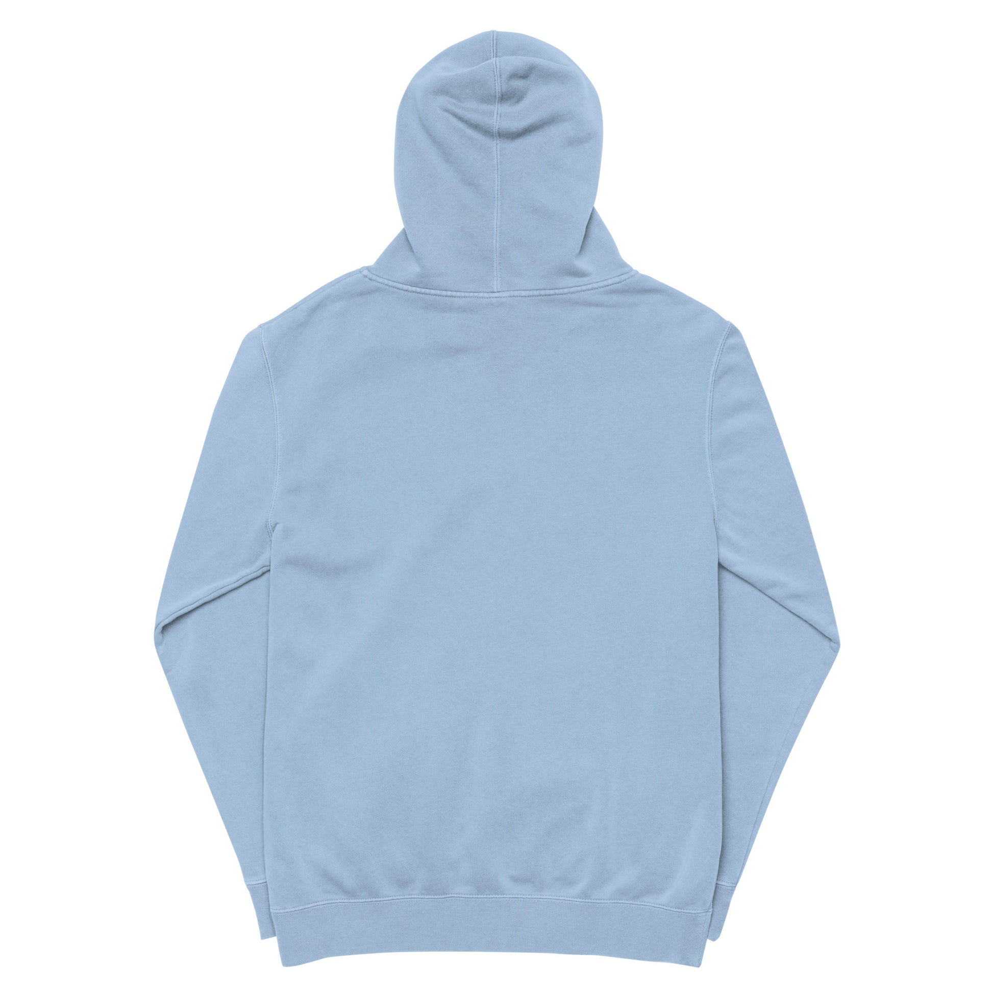 Vintage pigment hoodie, back view with hood and drawstrings. Light blue.