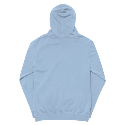 Vintage pigment hoodie, back view with hood and drawstrings. Light blue.