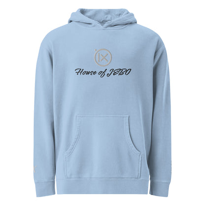 JEBO 1X vintage pigment hoodie, light blue, back view, hood and drawstring, House of JEBO logo
