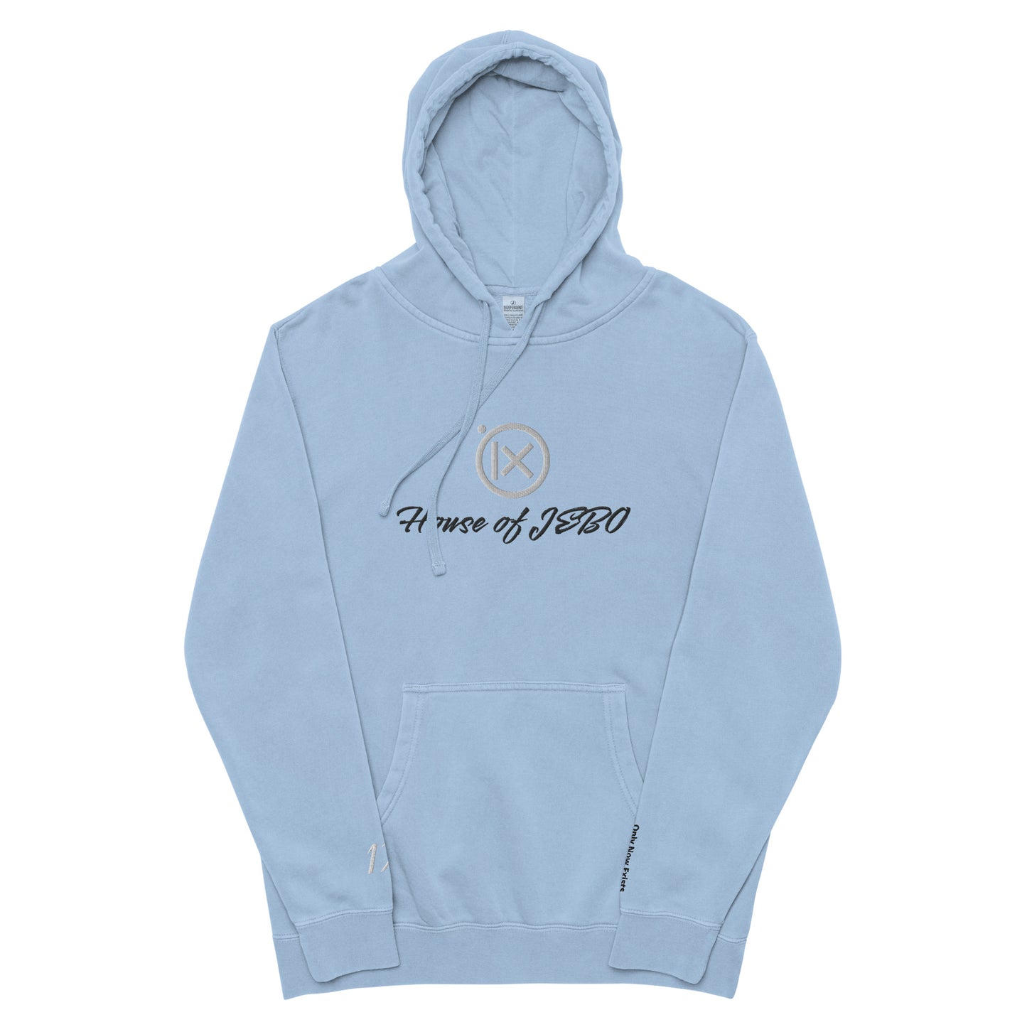 Vintage pigment hoodie with front graphic, hood with drawstrings, kangaroo pocket. Light blue.