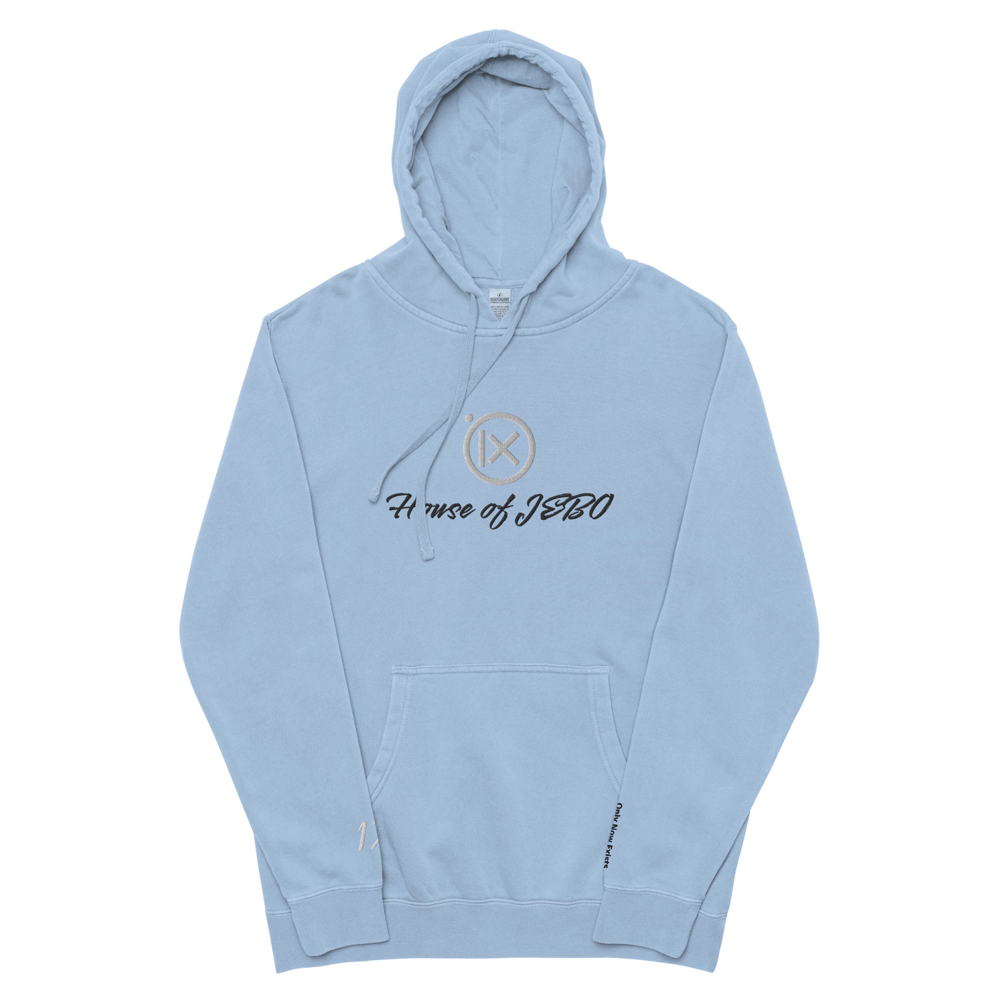 Vintage pigment hoodie with front graphic, hood with drawstrings, kangaroo pocket. Light blue.