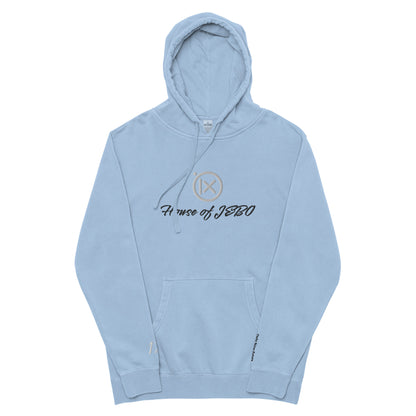 Vintage pigment hoodie with front graphic, hood with drawstrings, kangaroo pocket. Light blue.