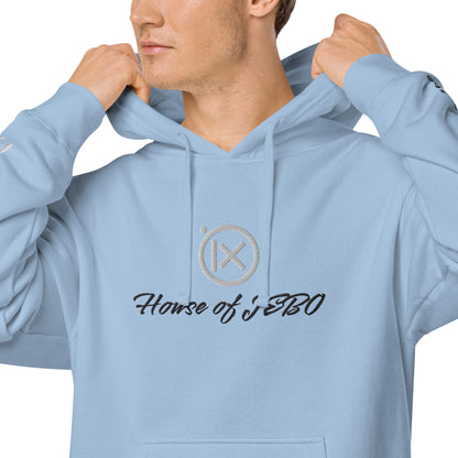 Light blue vintage pigment pullover hoodie with hood and front logo graphic detail