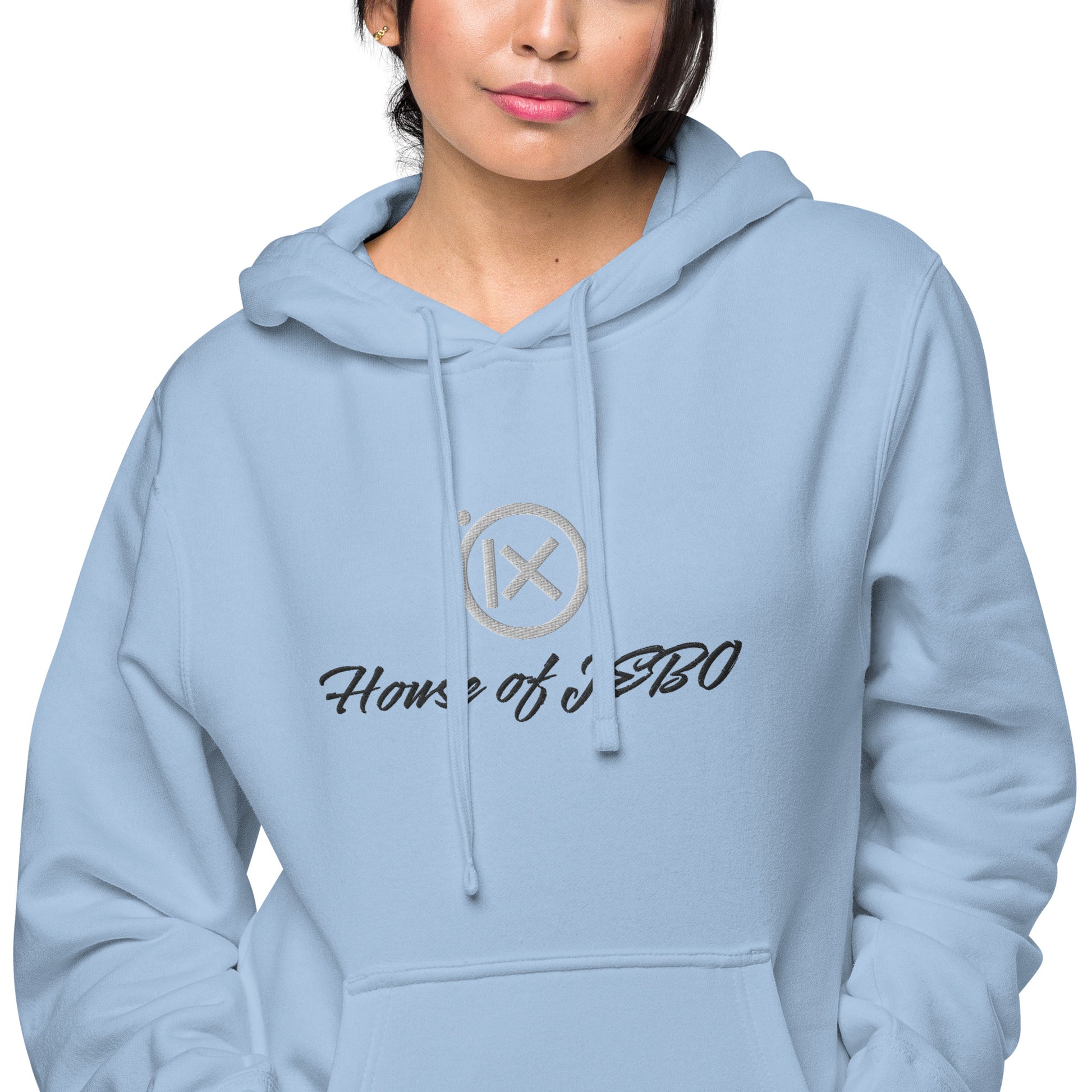 Light blue vintage pigment pullover hoodie with hood, drawstrings, and front logo print