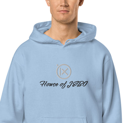 Light blue vintage pigment pullover hoodie with hood, drawstrings, and front chest logo