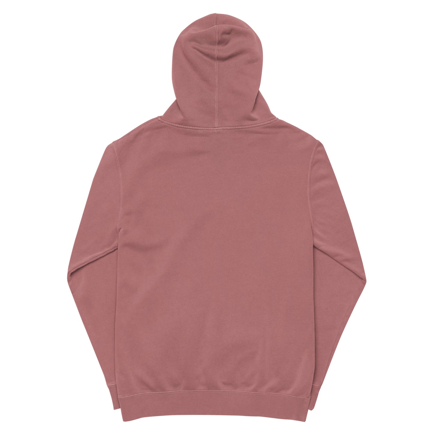 Vintage pigment hoodie, back view with hood and drawstrings. Maroon.