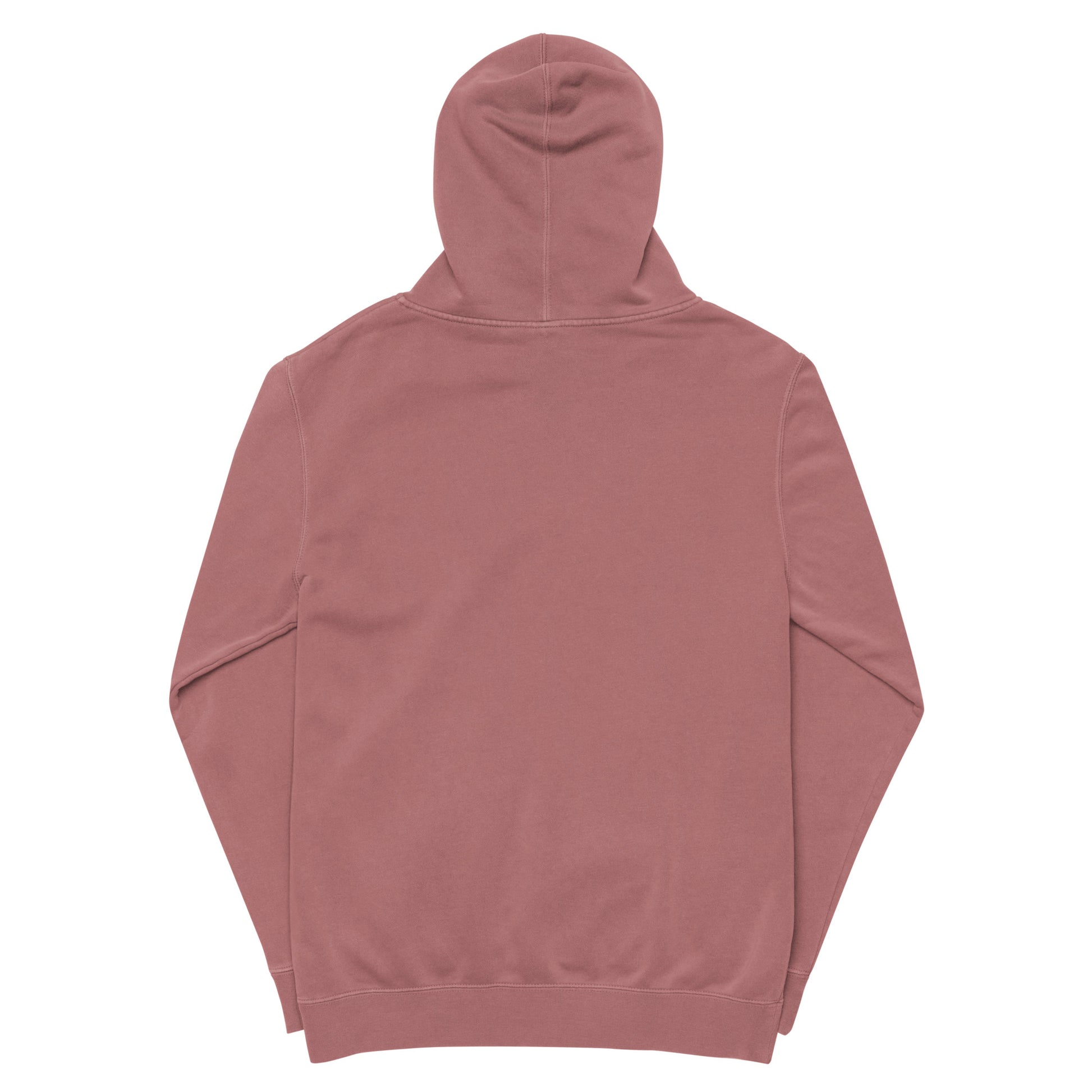 Vintage pigment hoodie, back view with hood and drawstrings. Maroon.