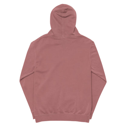 Vintage pigment hoodie, back view with hood and drawstrings. Maroon.