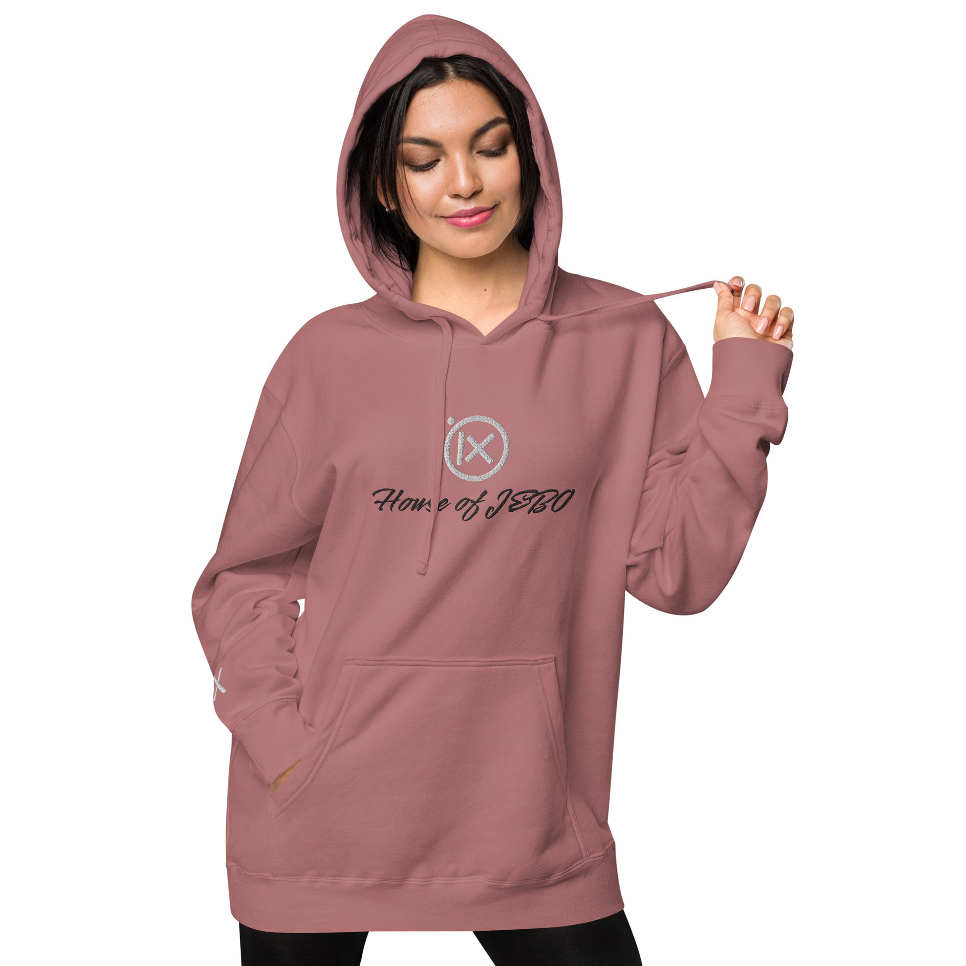 Dusty rose vintage pigment hoodie with kangaroo pocket, hood drawstrings, chest logo print