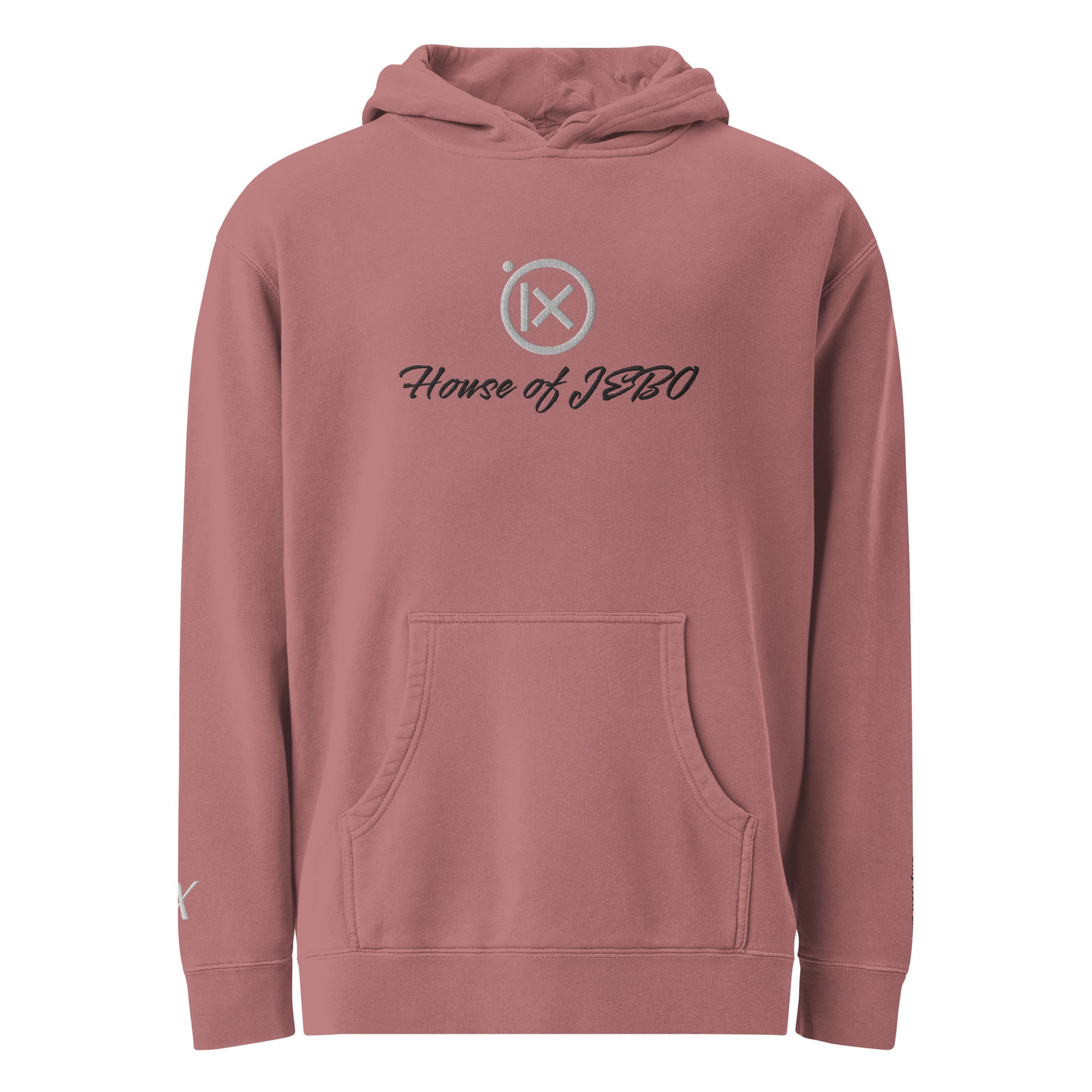 JEBO 1X vintage pigment hoodie, dusty rose, back view, hood and drawstring, House of JEBO logo
