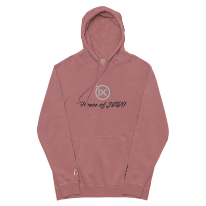 Vintage pigment hoodie with front graphic, hood with drawstrings, kangaroo pocket. Maroon.