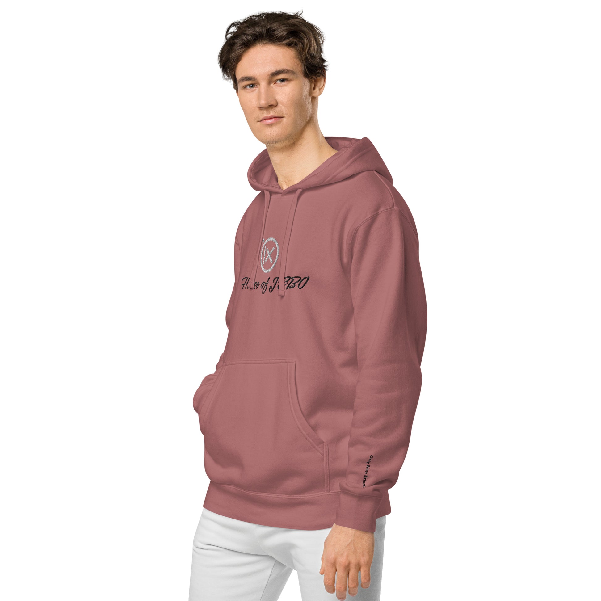 Maroon vintage pigment hoodie, front pocket and hood drawstrings, chest logo print