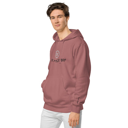 Maroon vintage pigment hoodie, front pocket and hood drawstrings, chest logo print