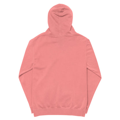 Vintage pigment hoodie, back view with hood and drawstrings. Pink.