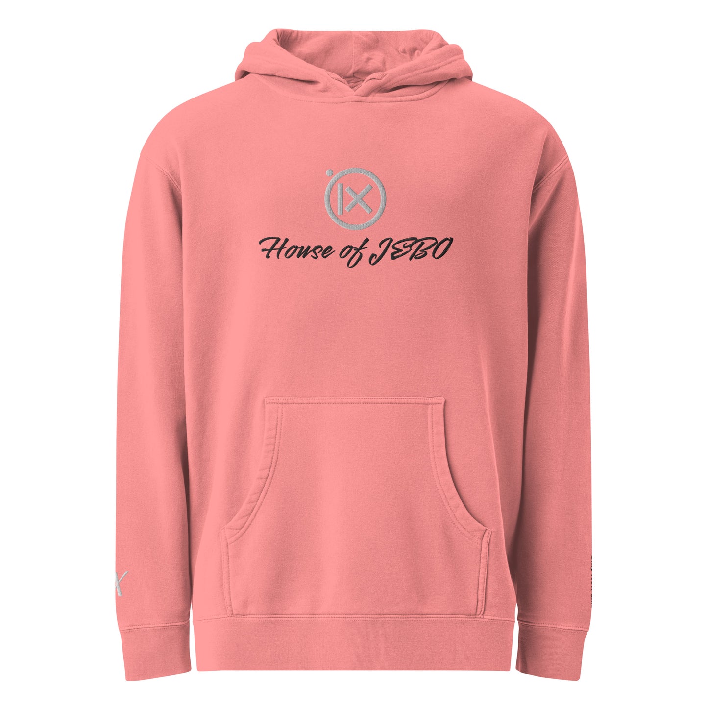 JEBO 1X vintage pigment hoodie, pink, back view, hood and drawstring, House of JEBO logo