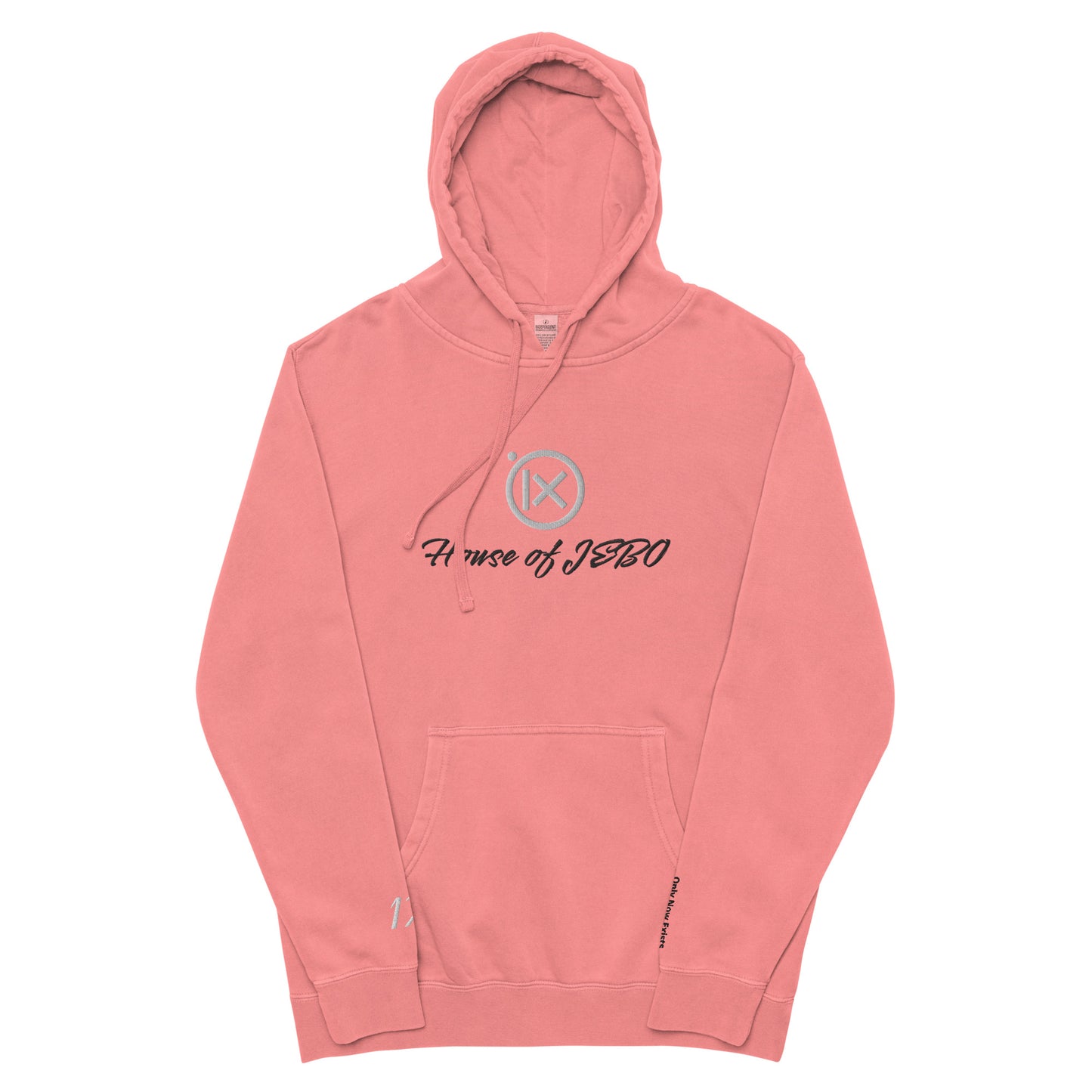 Vintage pigment hoodie with front graphic, hood with drawstrings, kangaroo pocket. Pink.